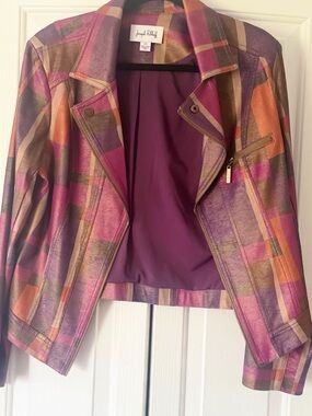 Joseph Ribkoff Plaid Faux-Leather Moto Jacket in Purple, Pink & Brown